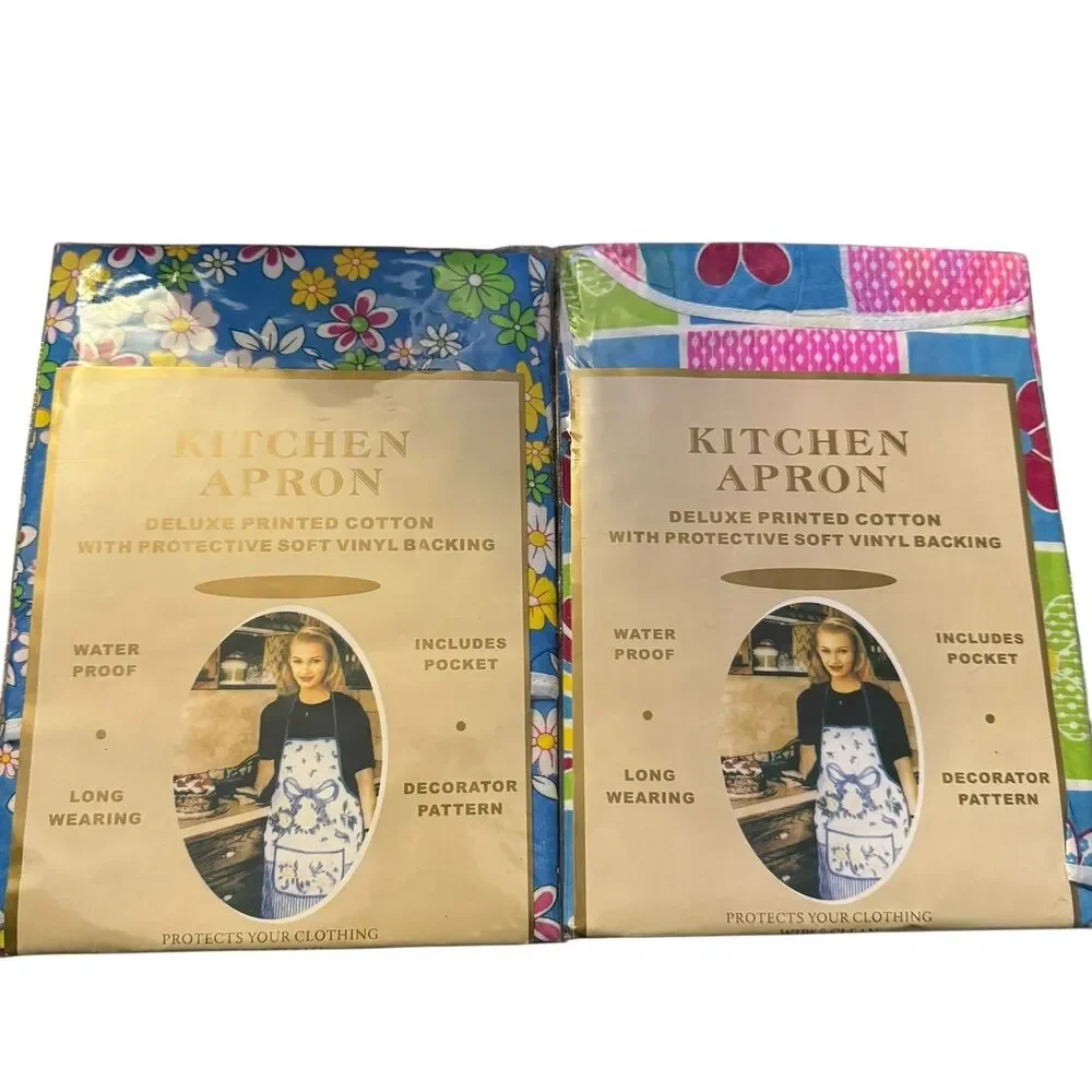 Vtg‎ NOS Kitchen Aprons Set Of 2 Floral 80s 90s 26x33 Cotton With Vinyl Backing